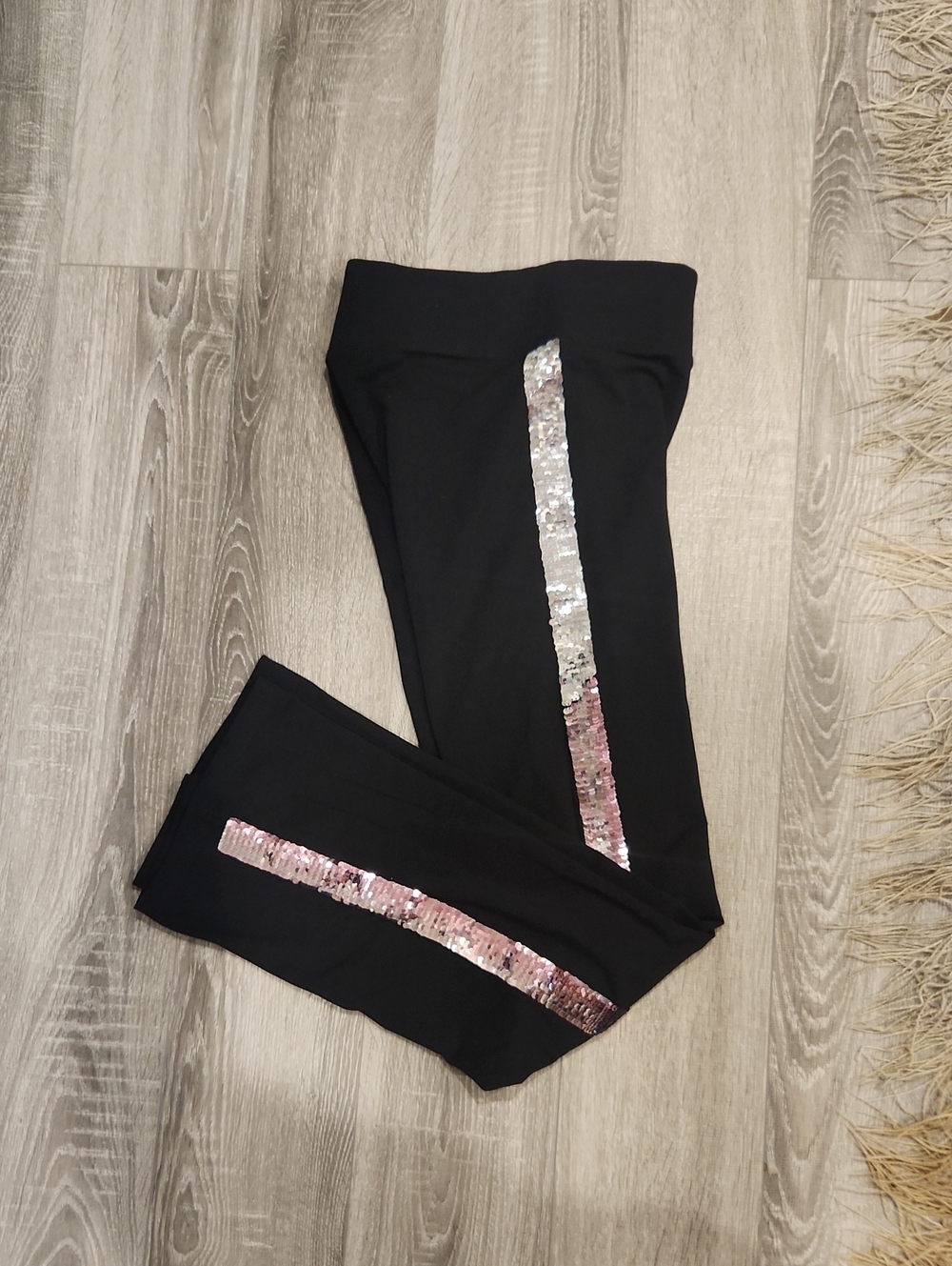 NWOT PINK Victoria's Secret Black Leggings with Pink-Silver Sequin Stripes